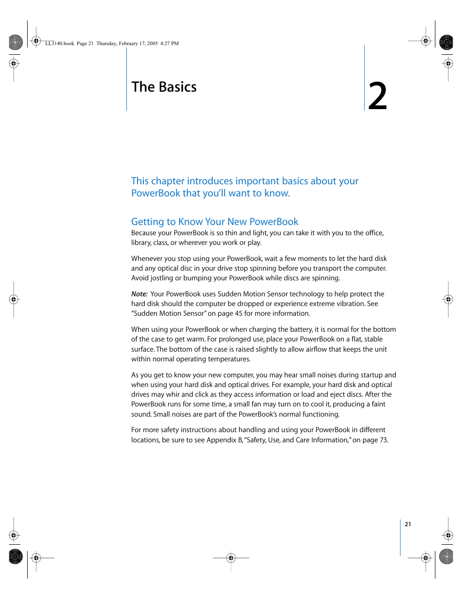 The basics, Getting to know your new powerbook, Chapter 2 | Check out chapter 2, “the basics | Apple PowerBook G4 (17-inch, 1.67 GHz) User Manual | Page 21 / 112