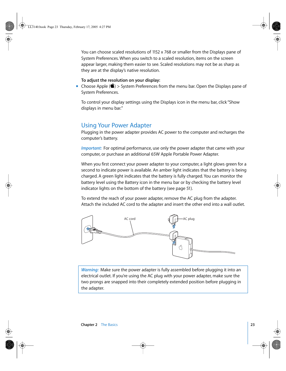 Using your power adapter | Apple PowerBook G4 (17-inch, 1.67 GHz) User Manual | Page 23 / 112
