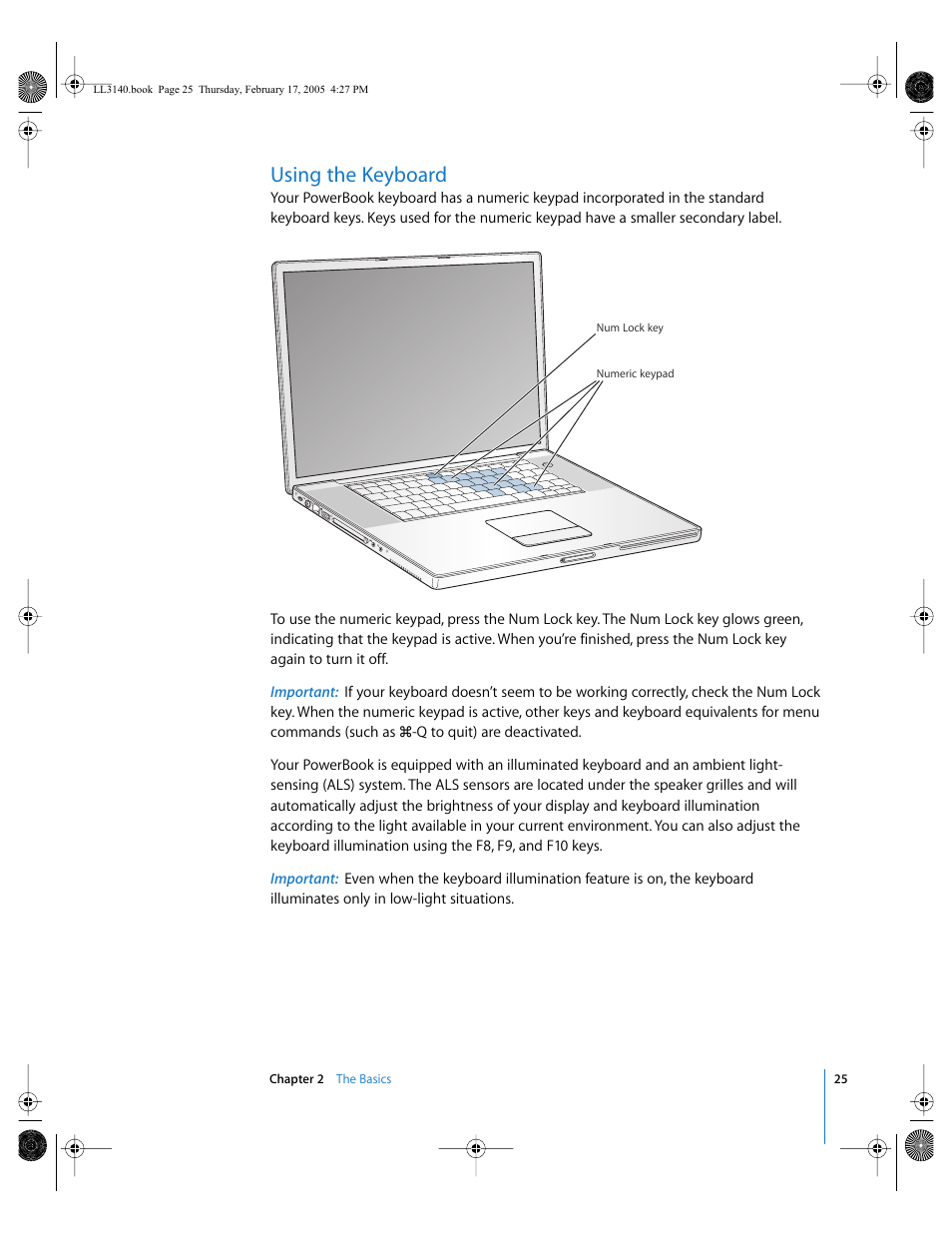 Using the keyboard | Apple PowerBook G4 (17-inch, 1.67 GHz) User Manual | Page 25 / 112