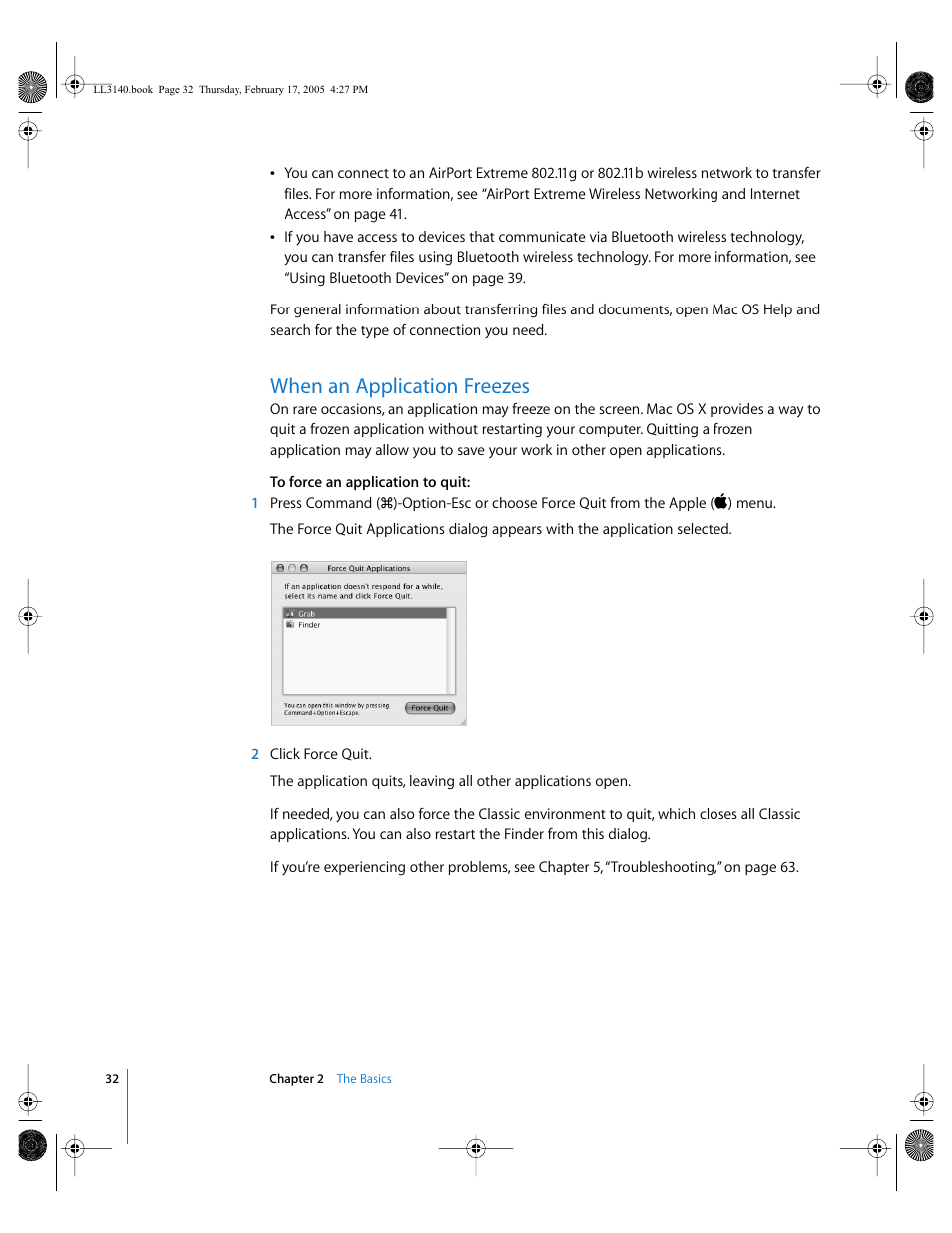 When an application freezes | Apple PowerBook G4 (17-inch, 1.67 GHz) User Manual | Page 32 / 112