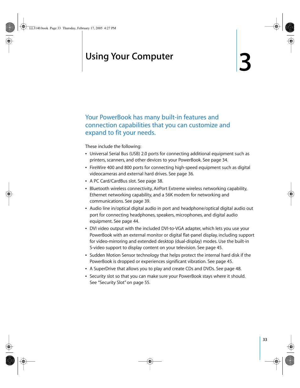 Using your computer, Chapter 3 | Apple PowerBook G4 (17-inch, 1.67 GHz) User Manual | Page 33 / 112