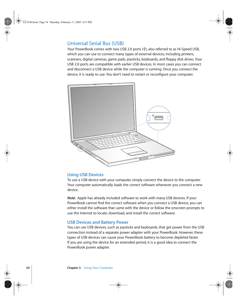 Universal serial bus (usb), Using usb devices, Usb devices and battery power | Apple PowerBook G4 (17-inch, 1.67 GHz) User Manual | Page 34 / 112