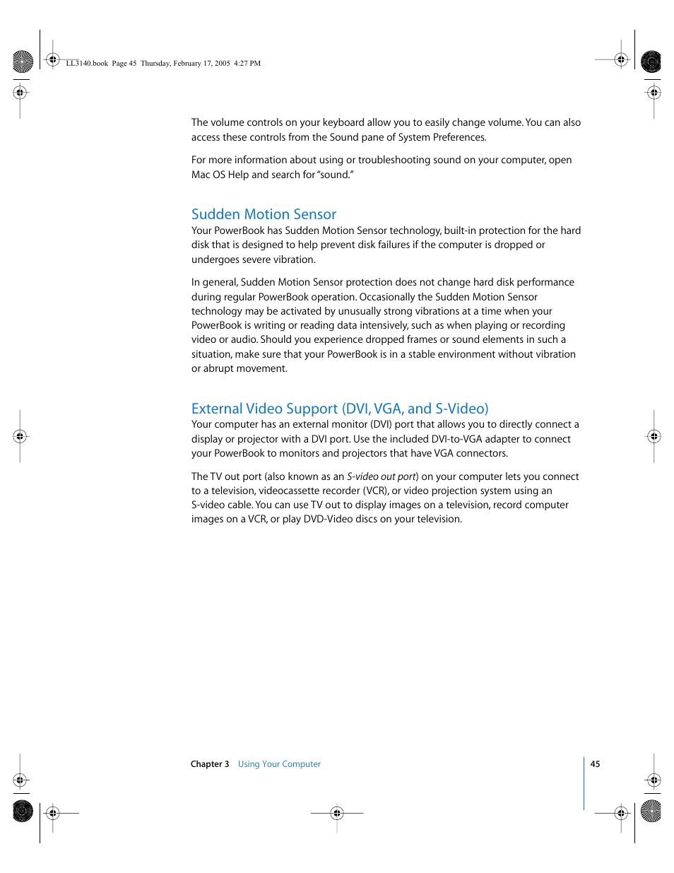 Sudden motion sensor, External video support (dvi, vga, and s-video) | Apple PowerBook G4 (17-inch, 1.67 GHz) User Manual | Page 45 / 112