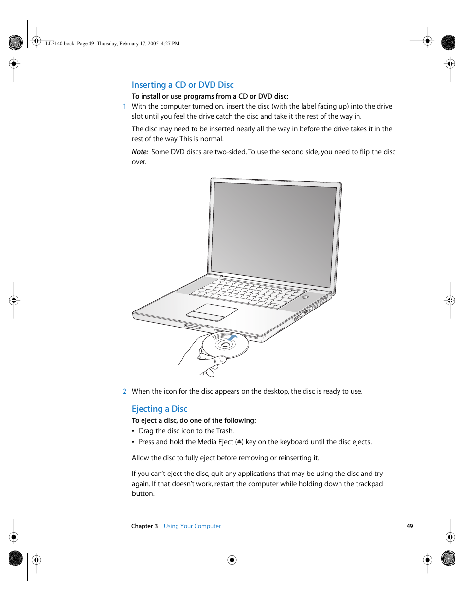 Inserting a cd or dvd disc, Ejecting a disc | Apple PowerBook G4 (17-inch, 1.67 GHz) User Manual | Page 49 / 112