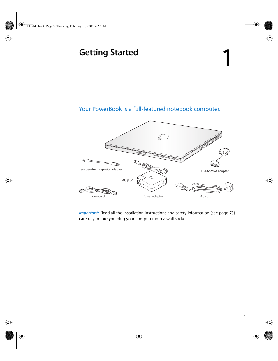 Getting started, Chapter 1 | Apple PowerBook G4 (17-inch, 1.67 GHz) User Manual | Page 5 / 112