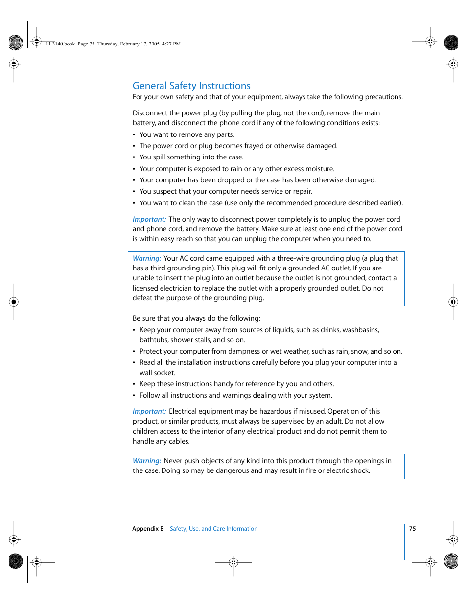 General safety instructions | Apple PowerBook G4 (17-inch, 1.67 GHz) User Manual | Page 75 / 112