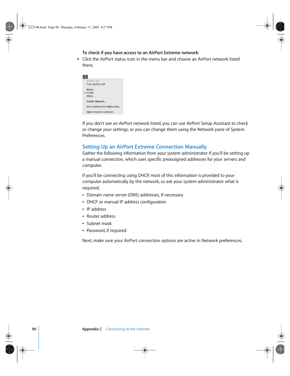 Setting up an airport extreme connection manually | Apple PowerBook G4 (17-inch, 1.67 GHz) User Manual | Page 90 / 112