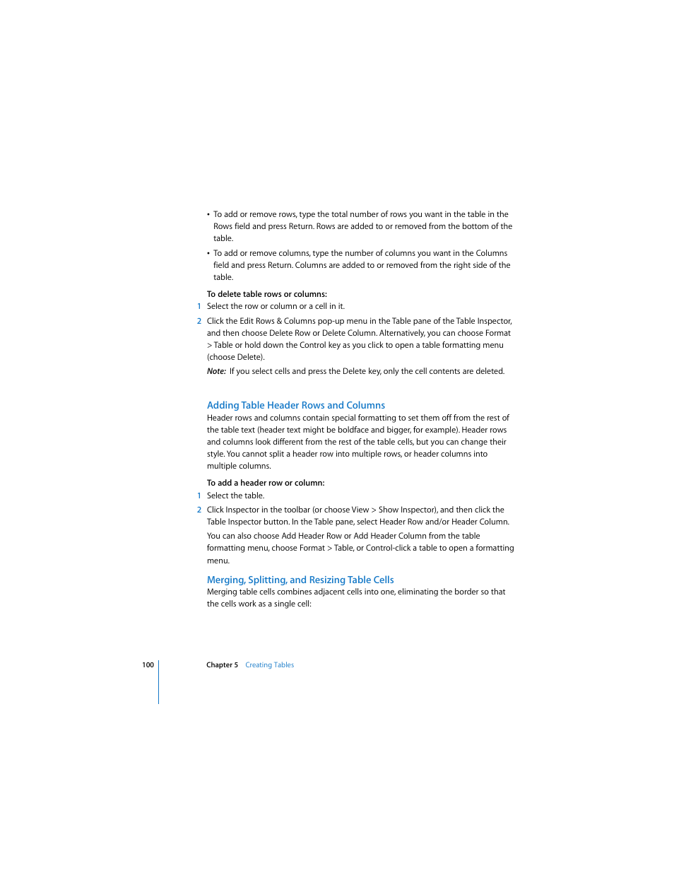 Adding table header rows and columns, Merging, splitting, and resizing table cells | Apple Keynote 3 User Manual | Page 100 / 187