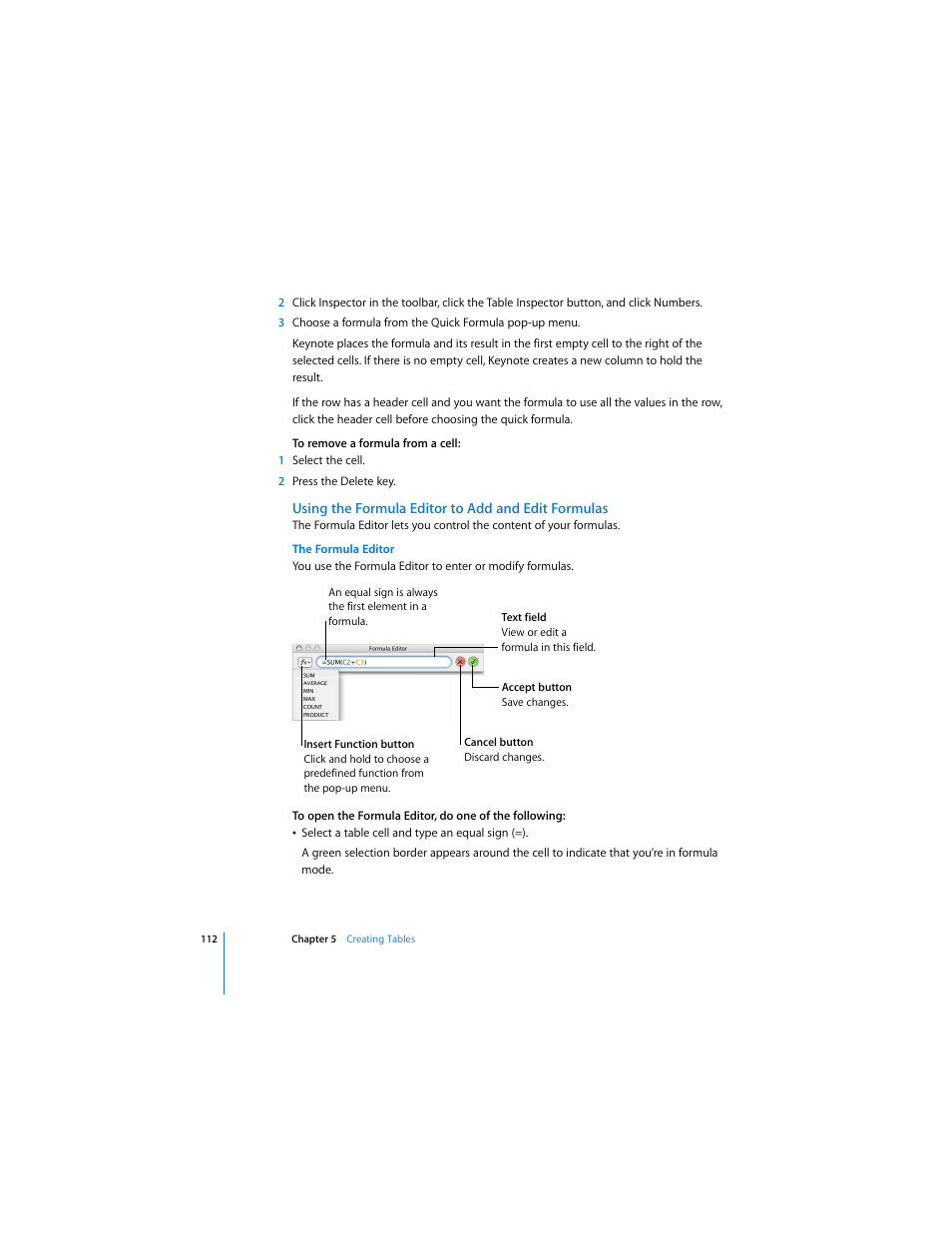 Using the formula editor to add and edit formulas | Apple Keynote 3 User Manual | Page 112 / 187