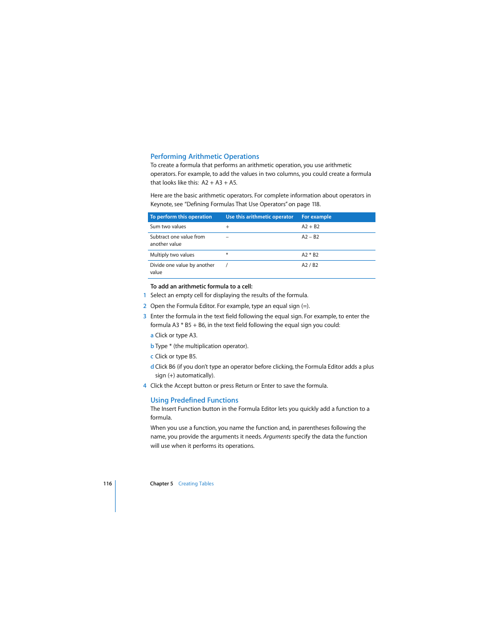 Performing arithmetic operations, Using predefined functions | Apple Keynote 3 User Manual | Page 116 / 187