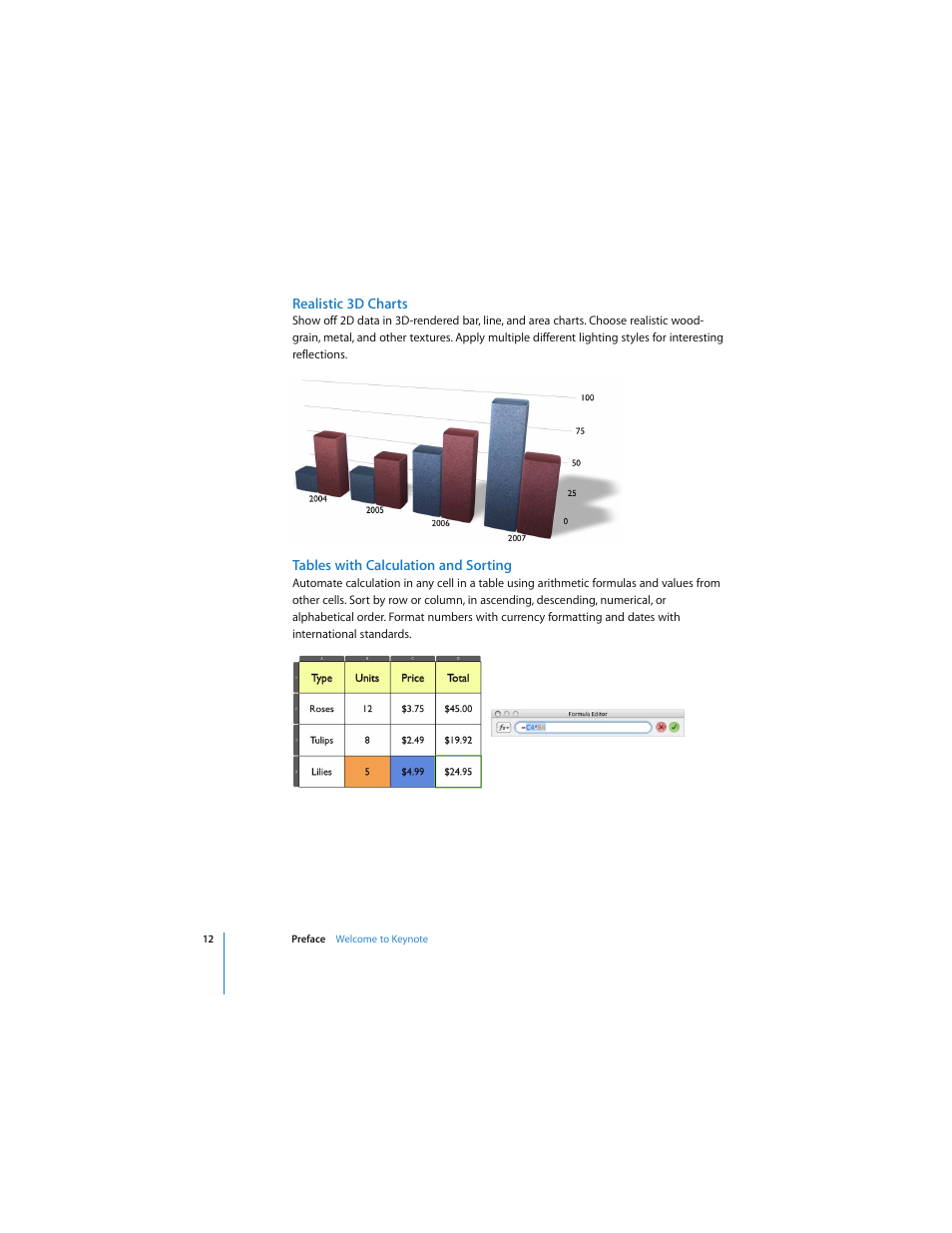 Realistic 3d charts, Tables with calculation and sorting | Apple Keynote 3 User Manual | Page 12 / 187