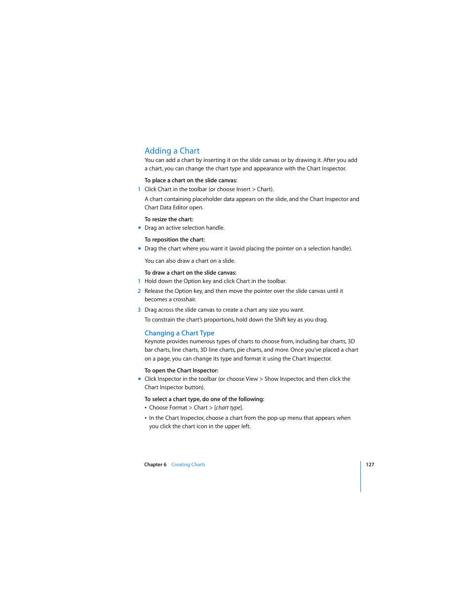 Adding a chart, Changing a chart type | Apple Keynote 3 User Manual | Page 127 / 187