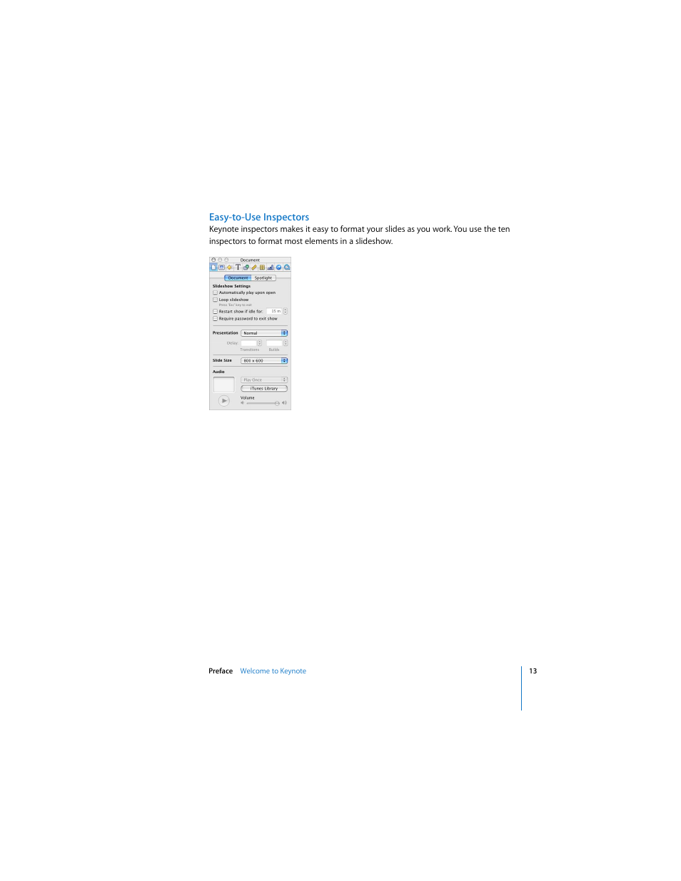 Easy-to-use inspectors | Apple Keynote 3 User Manual | Page 13 / 187