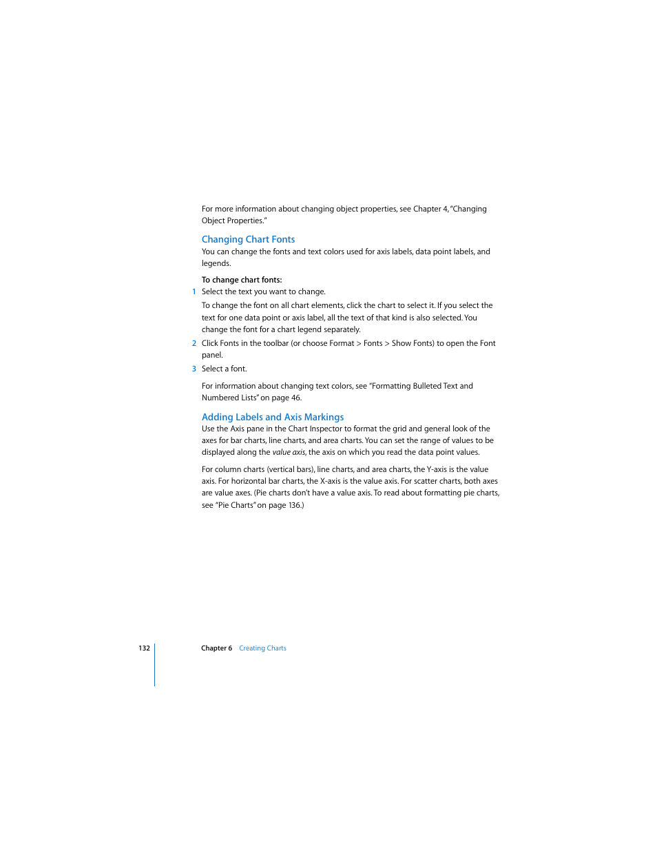 Changing chart fonts, Adding labels and axis markings | Apple Keynote 3 User Manual | Page 132 / 187