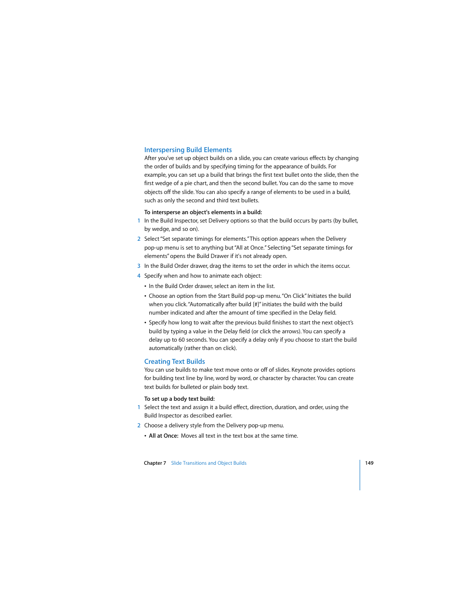 Interspersing build elements, Creating text builds | Apple Keynote 3 User Manual | Page 149 / 187