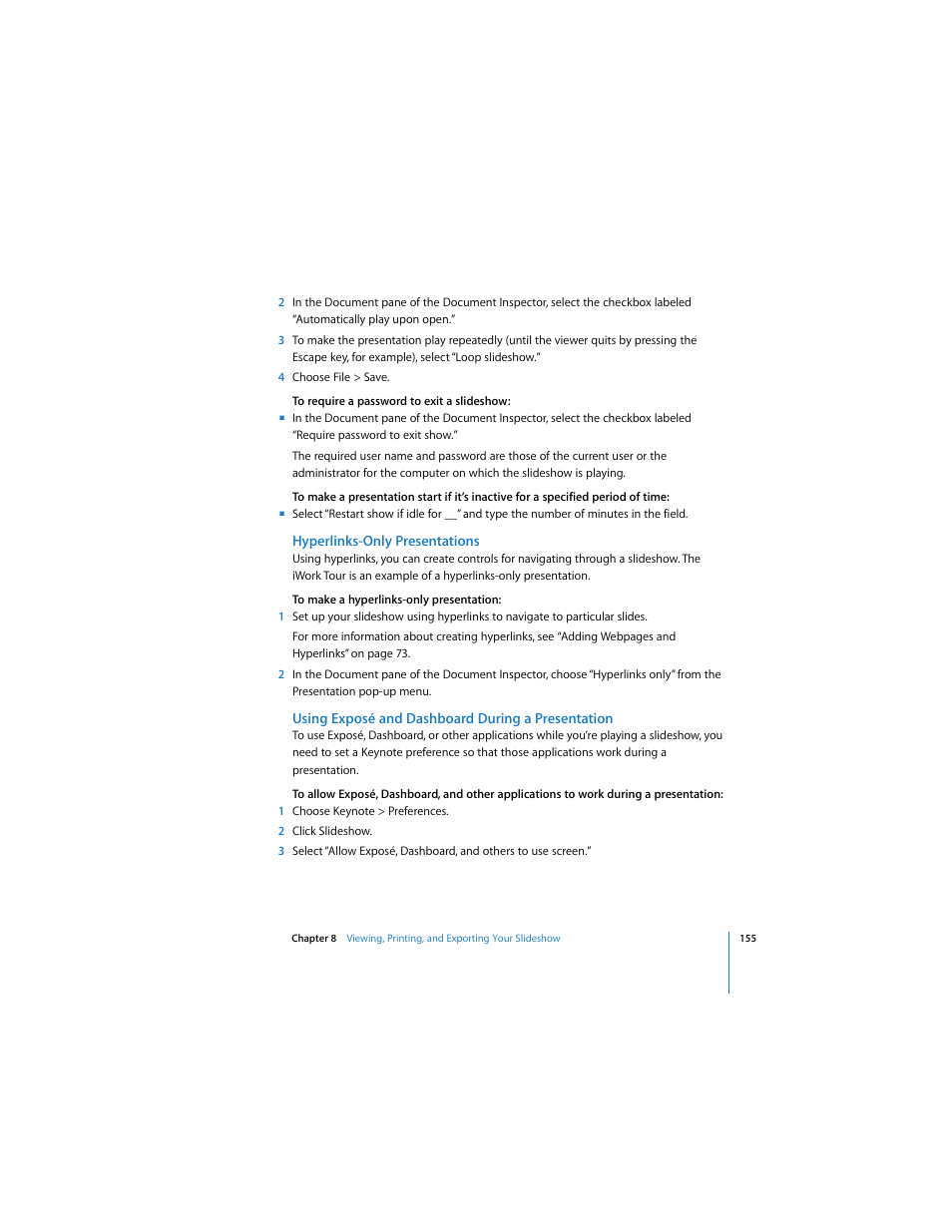 Hyperlinks-only presentations, Using exposé and dashboard during a presentation | Apple Keynote 3 User Manual | Page 155 / 187