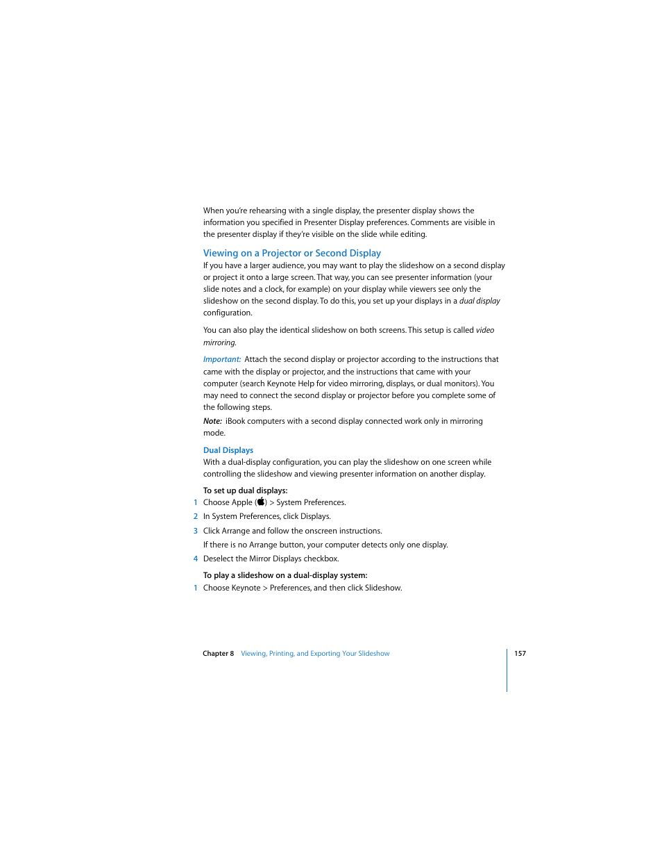 Viewing on a projector or second display | Apple Keynote 3 User Manual | Page 157 / 187
