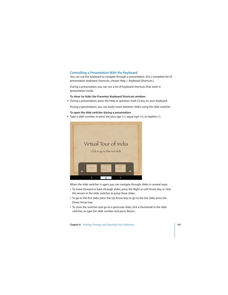 Controlling a presentation with the keyboard | Apple Keynote 3 User Manual | Page 161 / 187