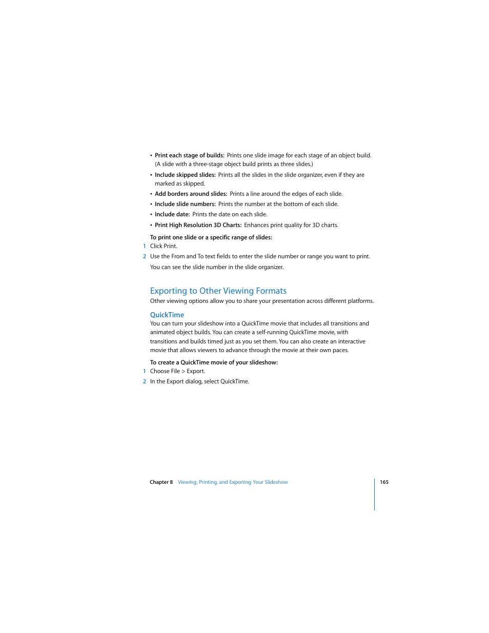 Exporting to other viewing formats, Quicktime | Apple Keynote 3 User Manual | Page 165 / 187