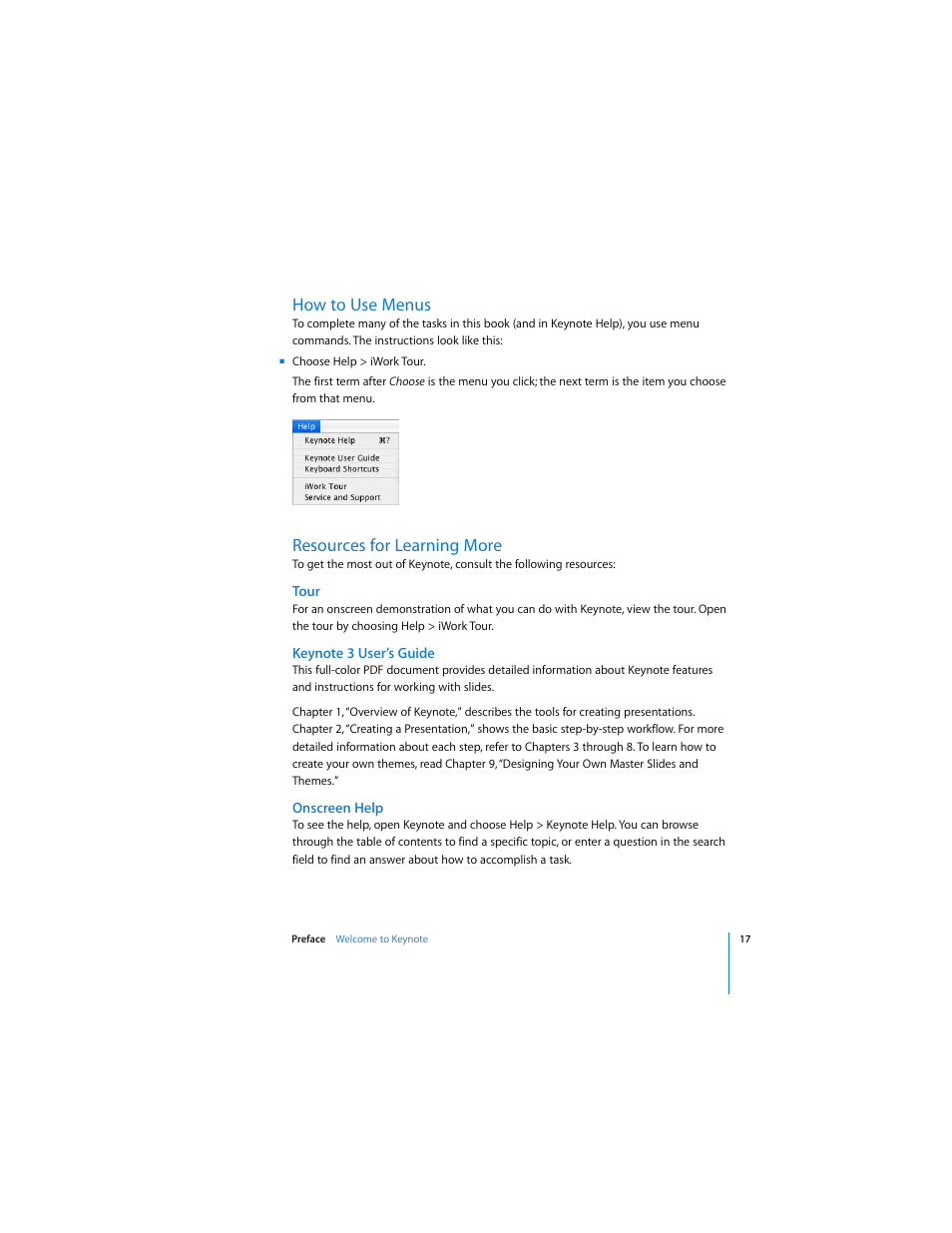 How to use menus, Resources for learning more, Tour | Keynote 3 user’s guide, Onscreen help | Apple Keynote 3 User Manual | Page 17 / 187