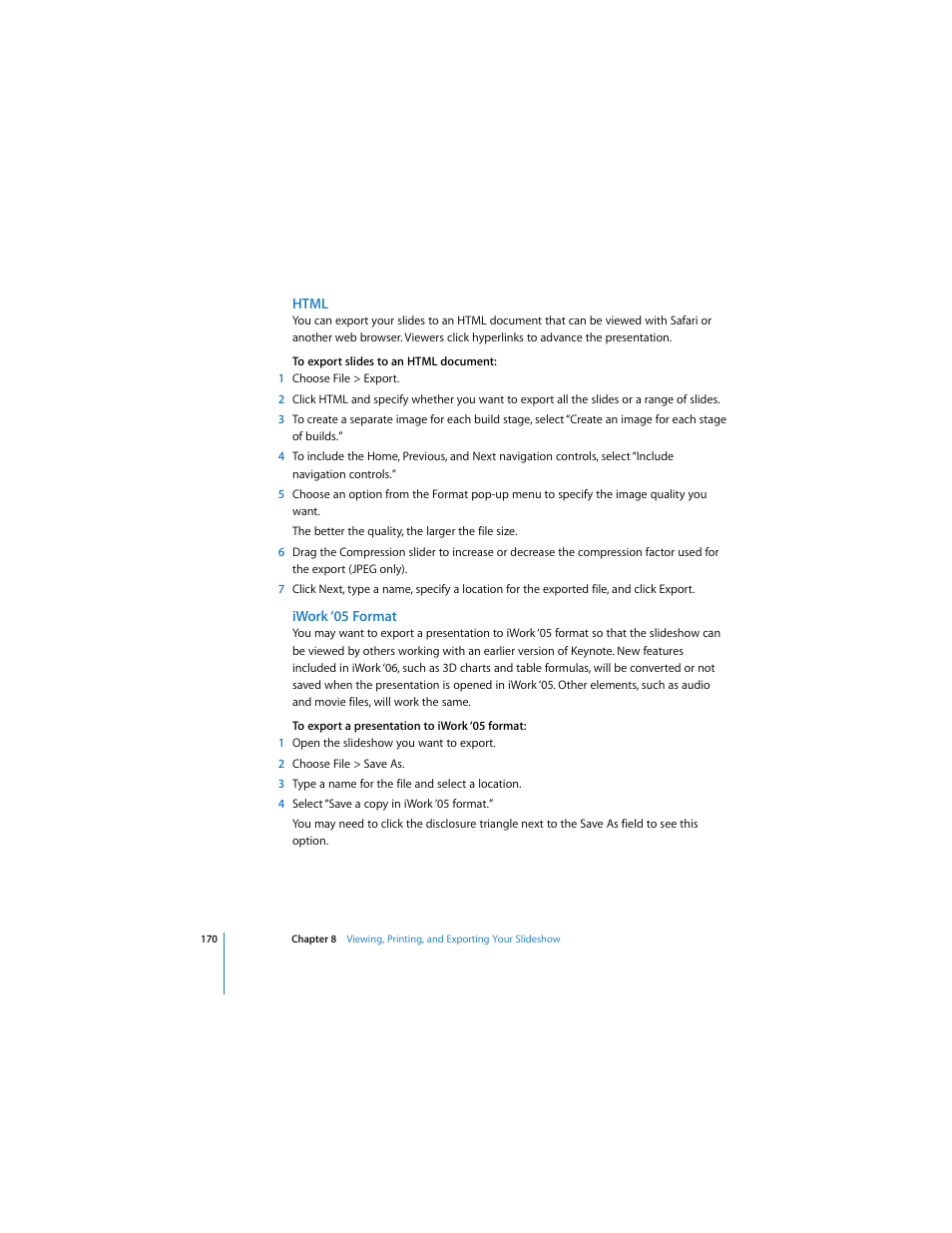 Html, Iwork ‘05 format | Apple Keynote 3 User Manual | Page 170 / 187