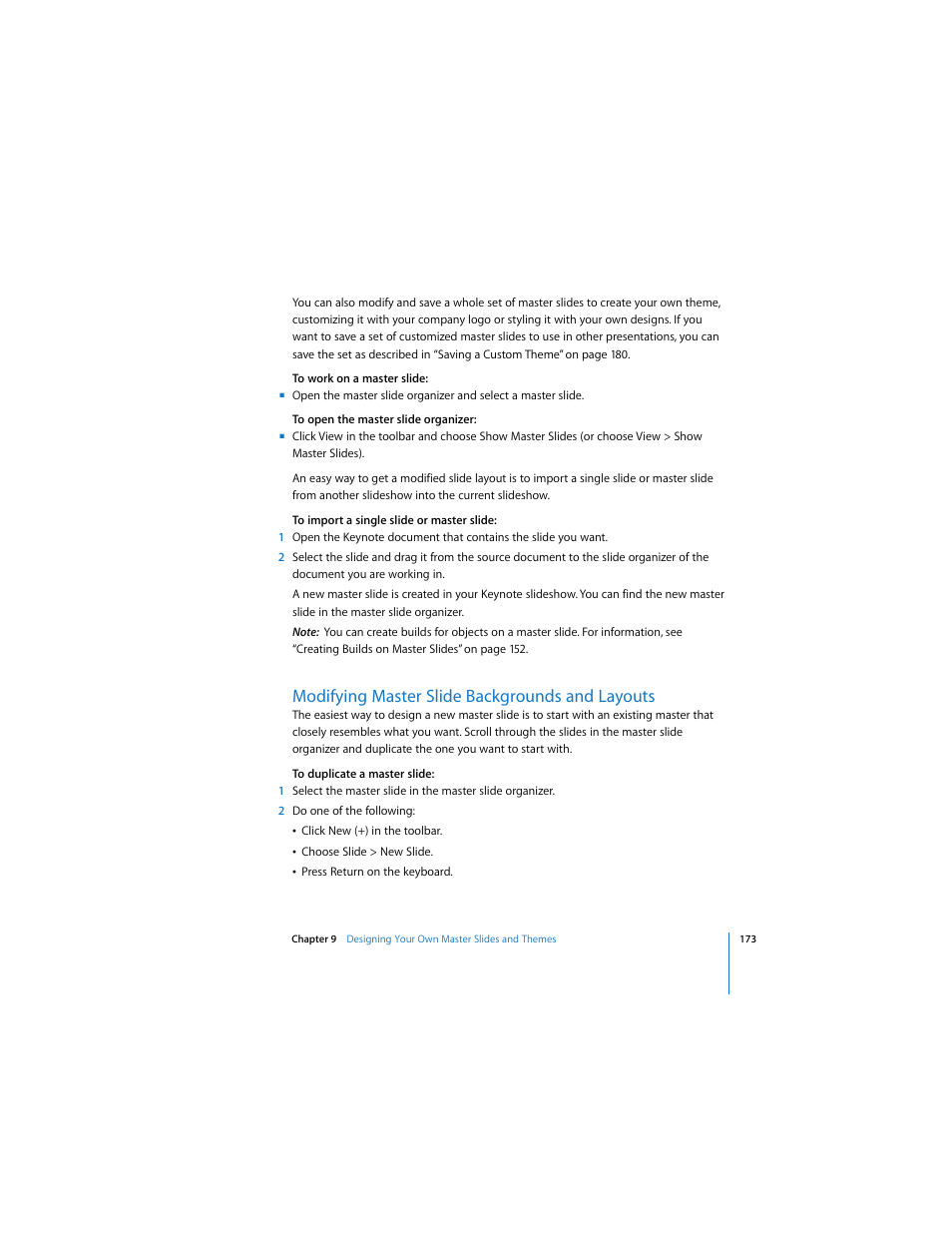 Modifying master slide backgrounds and layouts | Apple Keynote 3 User Manual | Page 173 / 187