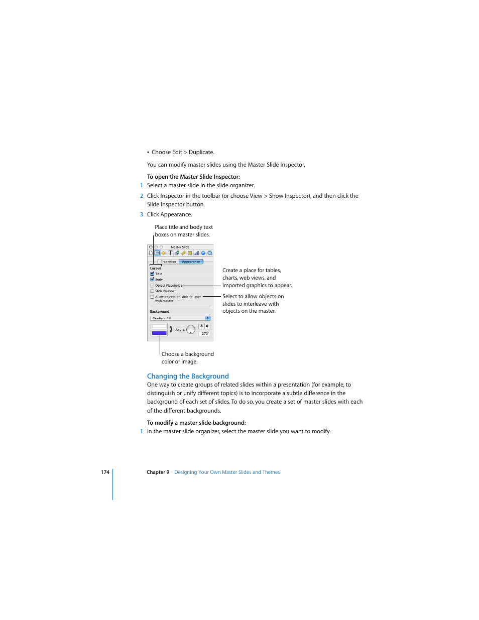 Changing the background | Apple Keynote 3 User Manual | Page 174 / 187
