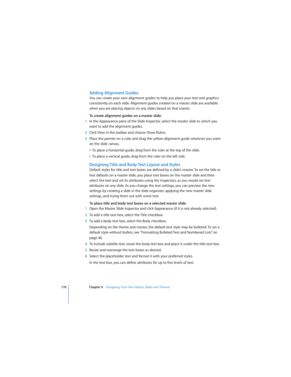 Adding alignment guides, Designing title and body text layout and styles | Apple Keynote 3 User Manual | Page 176 / 187