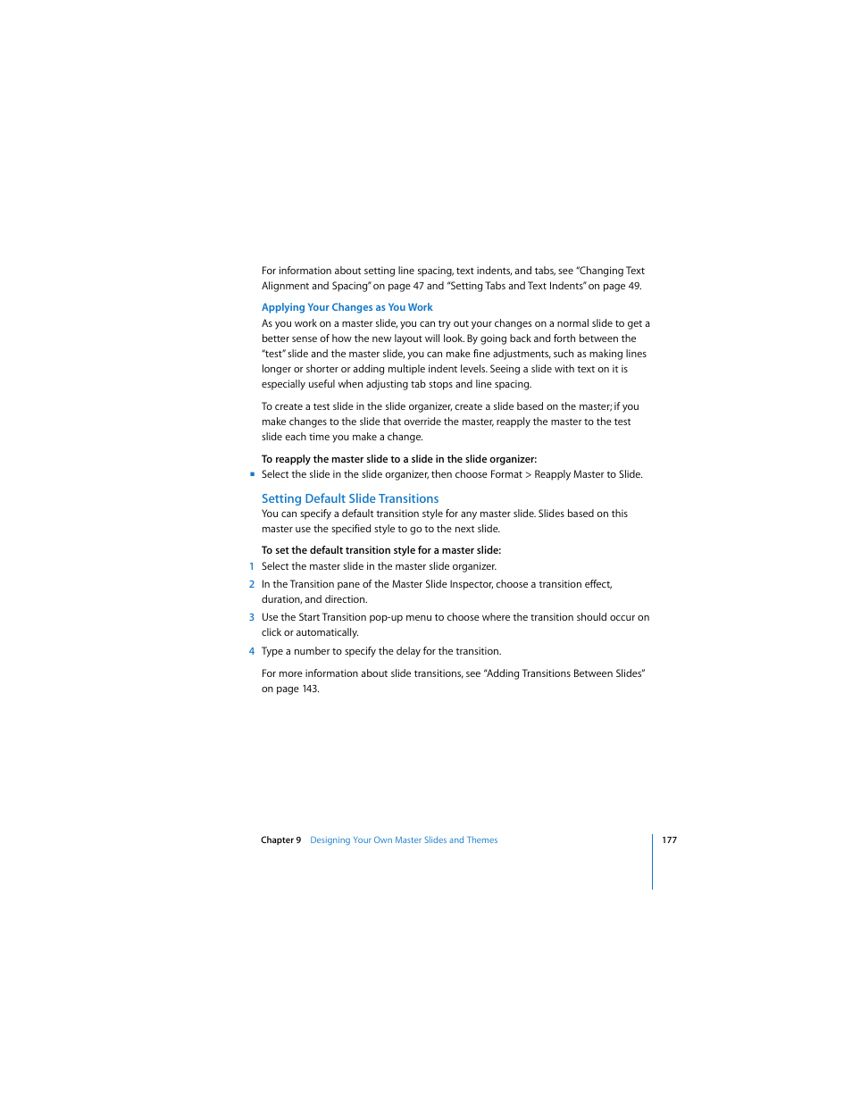 Setting default slide transitions | Apple Keynote 3 User Manual | Page 177 / 187