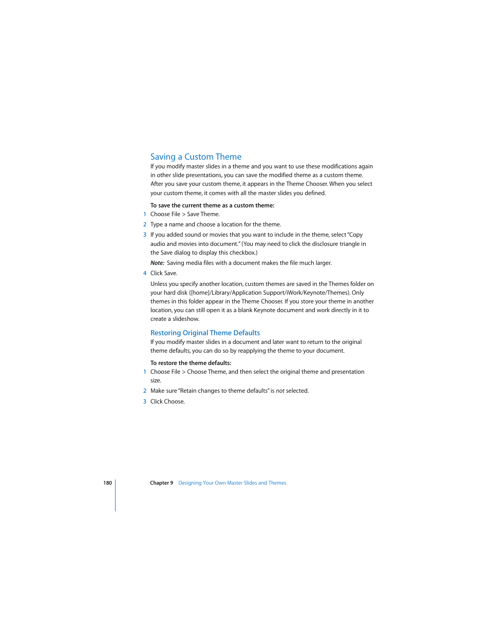 Saving a custom theme, Restoring original theme defaults | Apple Keynote 3 User Manual | Page 180 / 187
