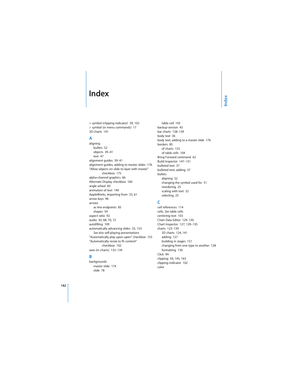 Index, Inde x | Apple Keynote 3 User Manual | Page 182 / 187