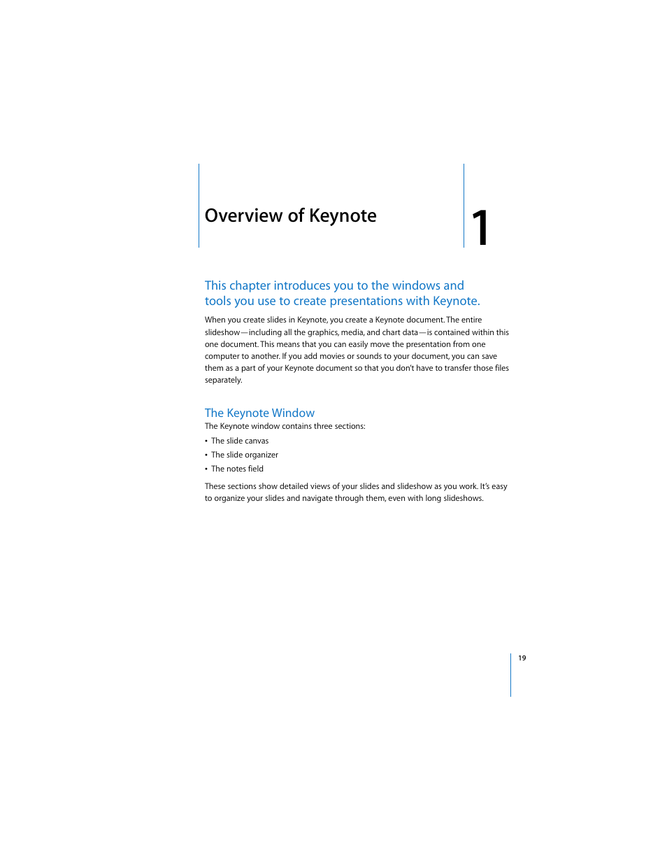 Overview of keynote, The keynote window, Chapter 1, “overview of keynote,” de | Apple Keynote 3 User Manual | Page 19 / 187