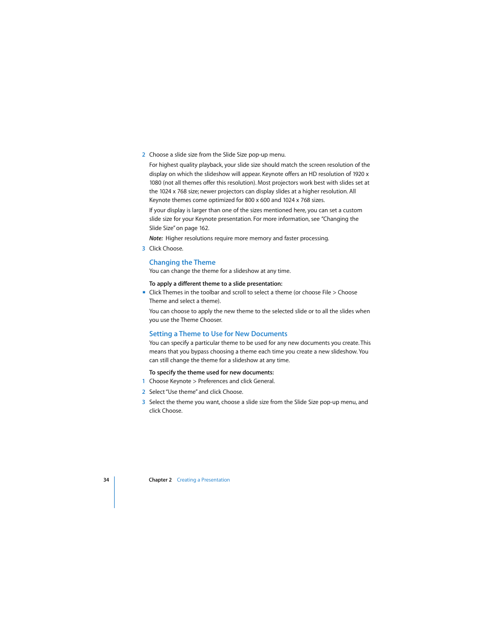 Changing the theme, Setting a theme to use for new documents | Apple Keynote 3 User Manual | Page 34 / 187