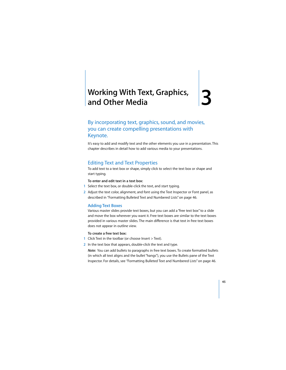 Working with text, graphics, and other media, Editing text and text properties, Adding text boxes | Media | Apple Keynote 3 User Manual | Page 45 / 187