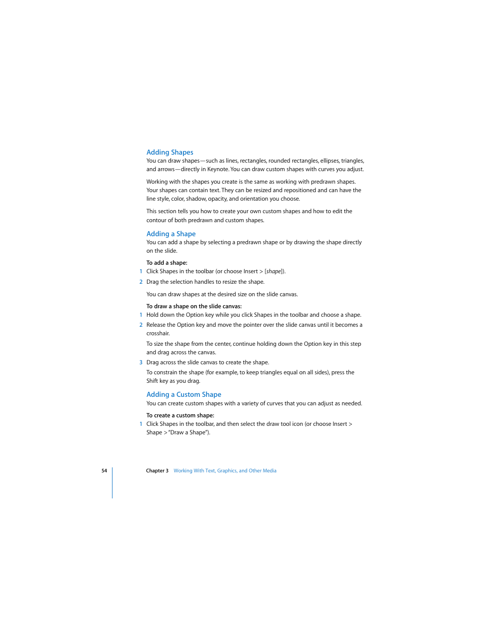 Adding shapes, Adding a shape, Adding a custom shape | Apple Keynote 3 User Manual | Page 54 / 187