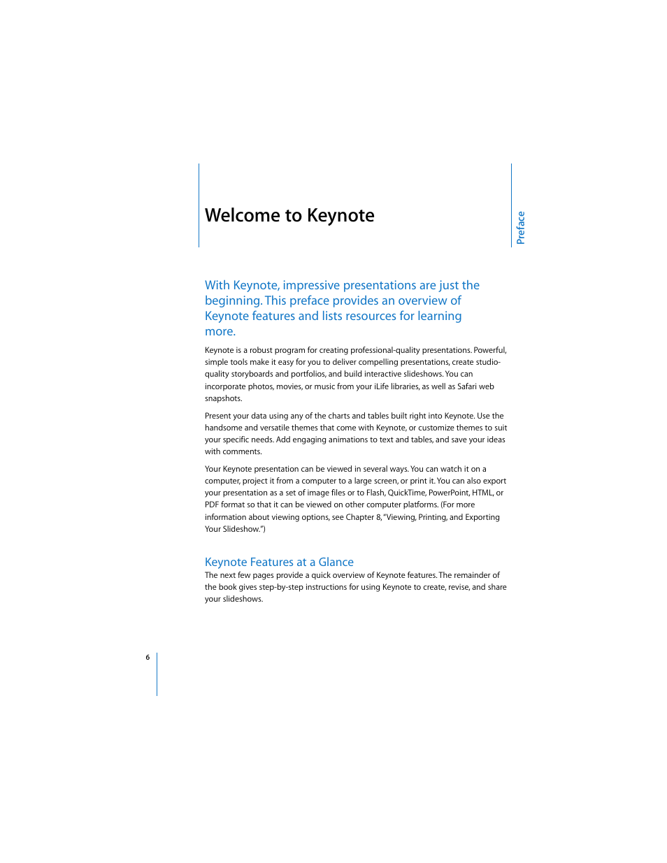 Welcome to keynote, Keynote features at a glance | Apple Keynote 3 User Manual | Page 6 / 187