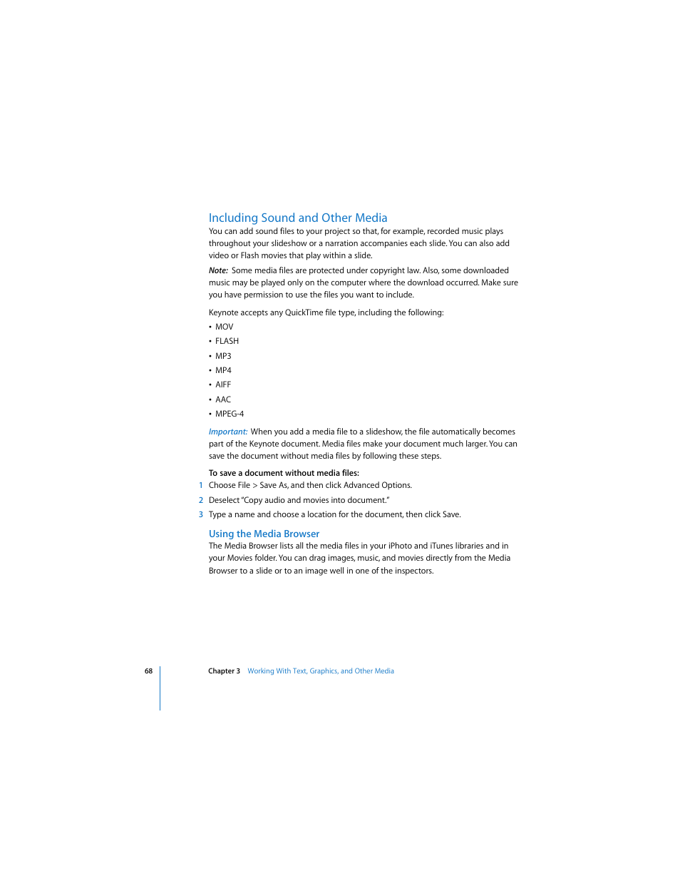 Including sound and other media, Using the media browser | Apple Keynote 3 User Manual | Page 68 / 187
