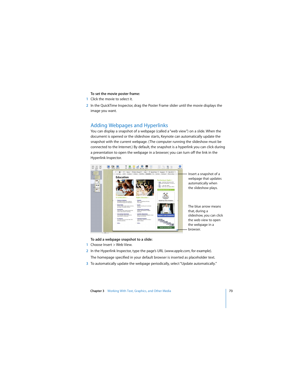Adding, Adding webpages and hyperlinks | Apple Keynote 3 User Manual | Page 73 / 187