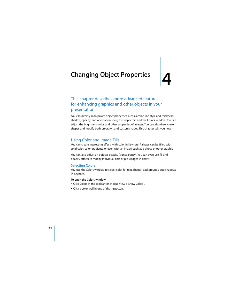 Changing object properties, Using color and image fills, Selecting colors | Apple Keynote 3 User Manual | Page 80 / 187