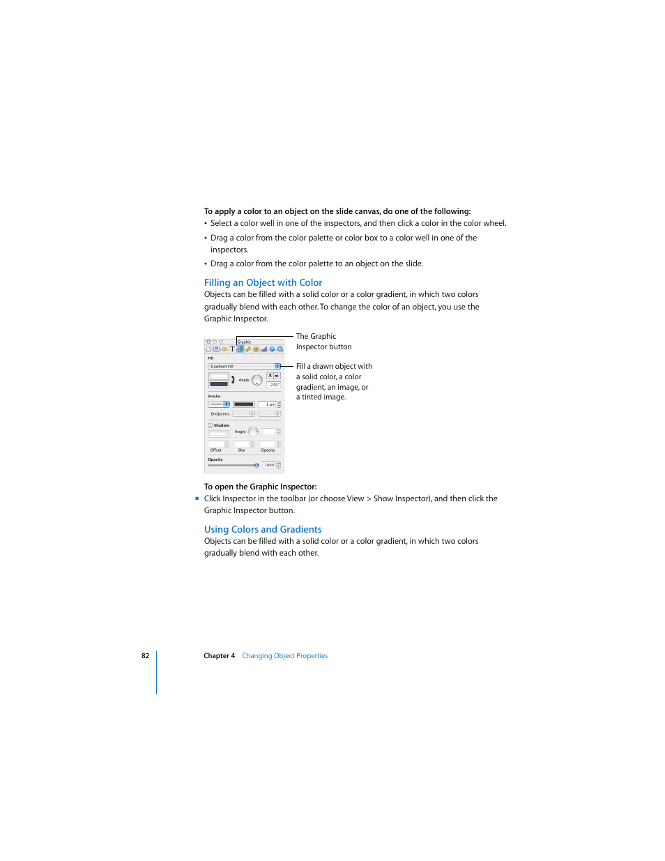 Filling an object with color, Using colors and gradients | Apple Keynote 3 User Manual | Page 82 / 187