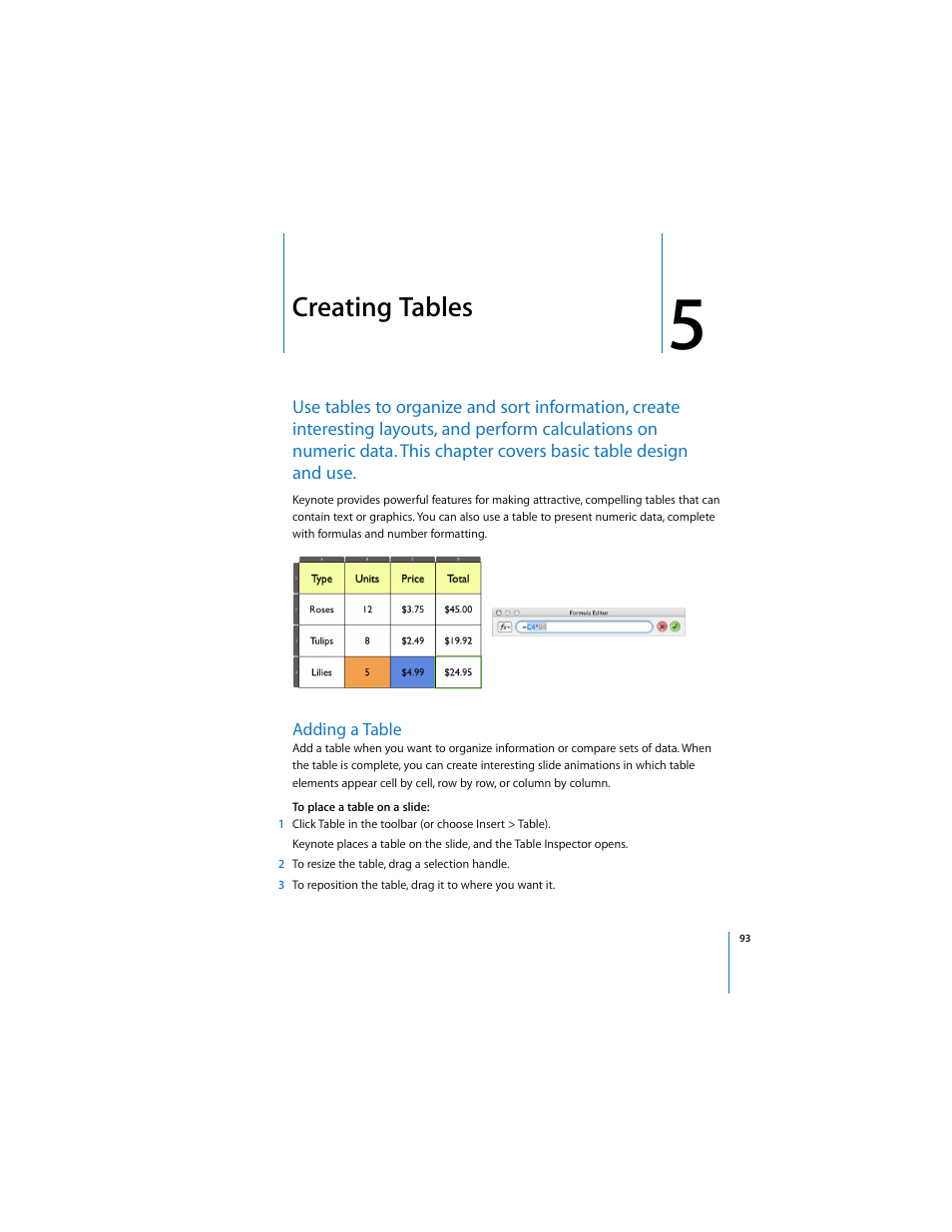 Creating tables, Adding a table, See chapter 5, “creating tables,” and | Ell as chapter 5, “creating tables,” and | Apple Keynote 3 User Manual | Page 93 / 187