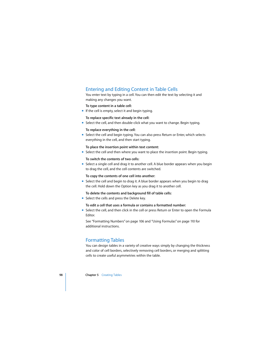 Entering and editing content in table cells, Formatting tables | Apple Keynote 3 User Manual | Page 98 / 187