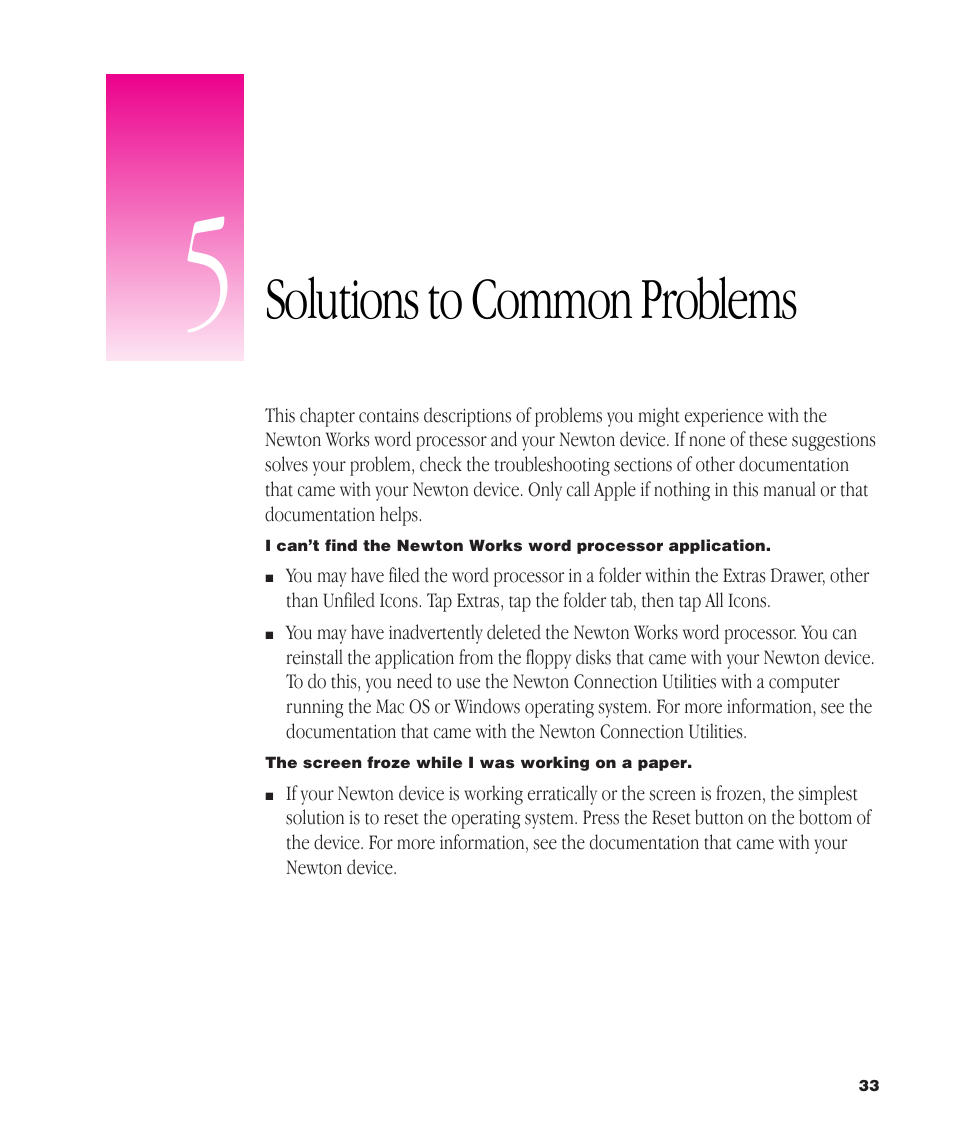 Solutions to common problems | Apple Newton Works Word Processor User Manual | Page 33 / 37