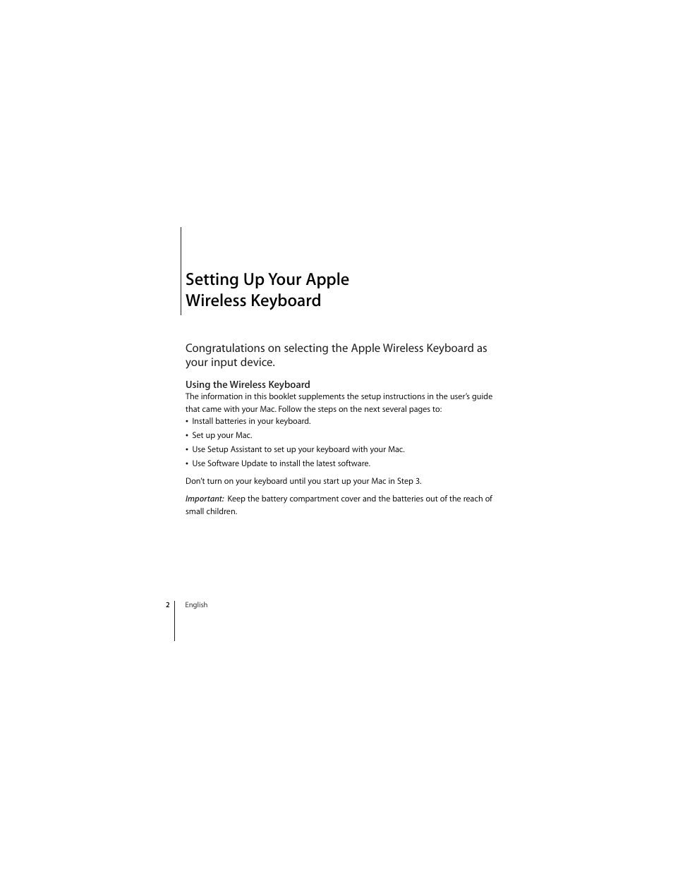 Setting up your apple wireless keyboard | Apple Wireless Keyboard (2007) User Manual | Page 2 / 32