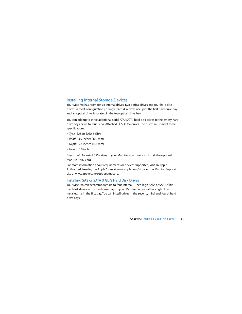 Installing internal storage devices, Installing sas or sata 3 gb/s hard disk drives | Apple Mac Pro (Early 2008) User Manual | Page 51 / 120