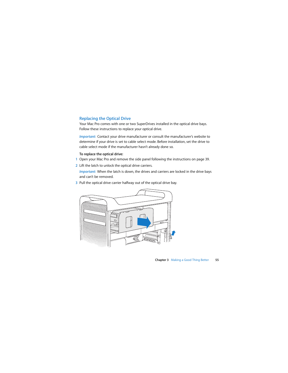 Replacing the optical drive | Apple Mac Pro (Early 2008) User Manual | Page 55 / 120