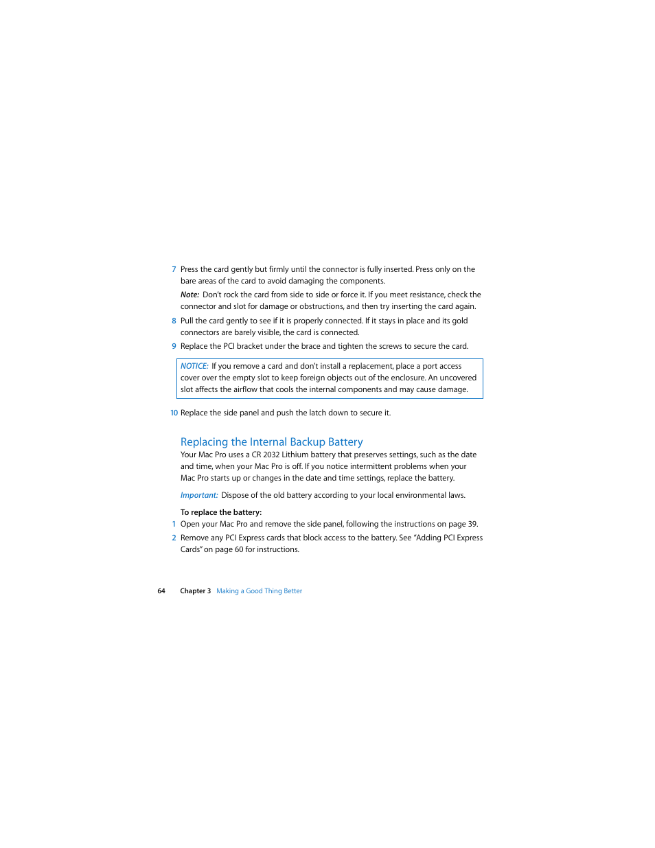 Replacing the internal backup battery | Apple Mac Pro (Early 2008) User Manual | Page 64 / 120