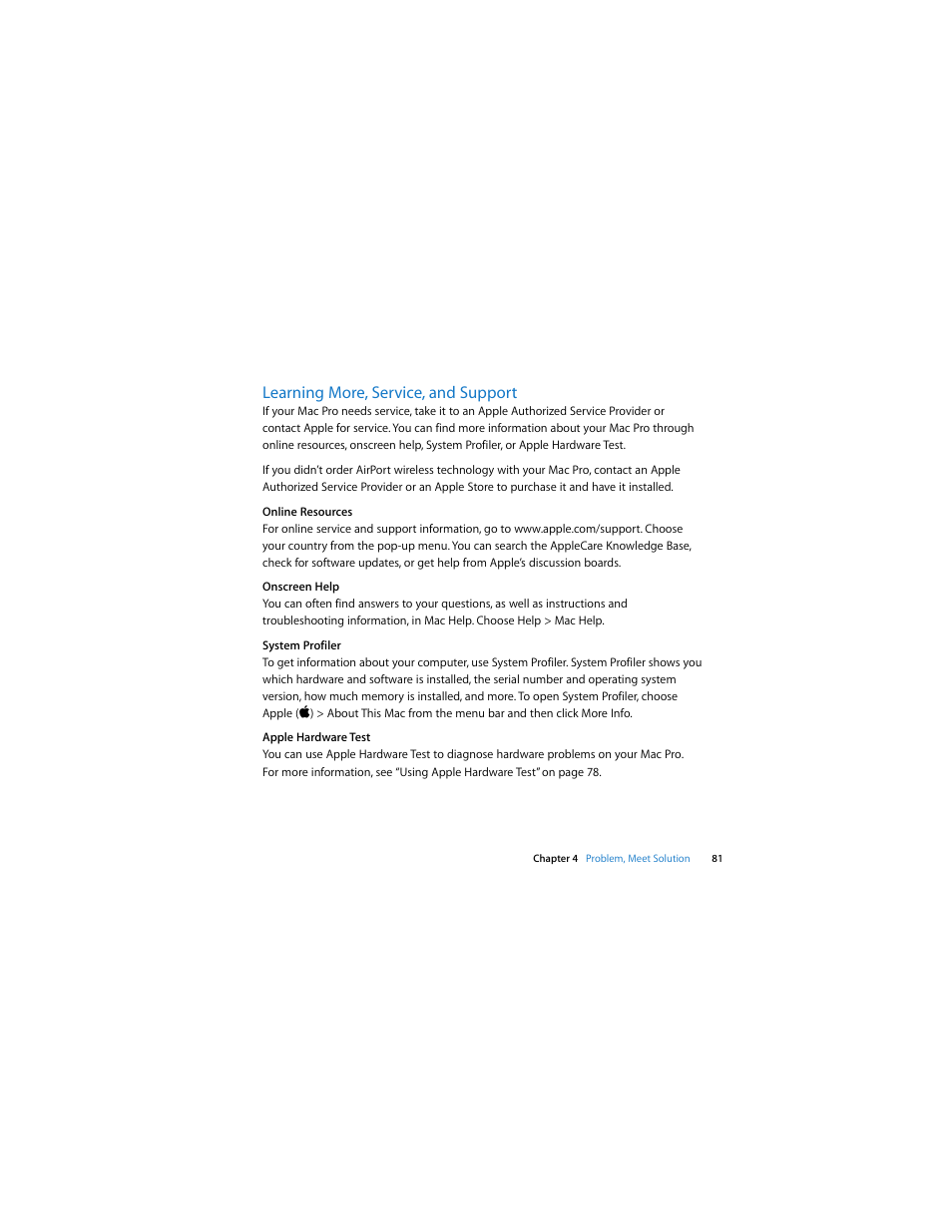 Learning more, service, and support, See “learning more, service, and | Apple Mac Pro (Early 2008) User Manual | Page 81 / 120