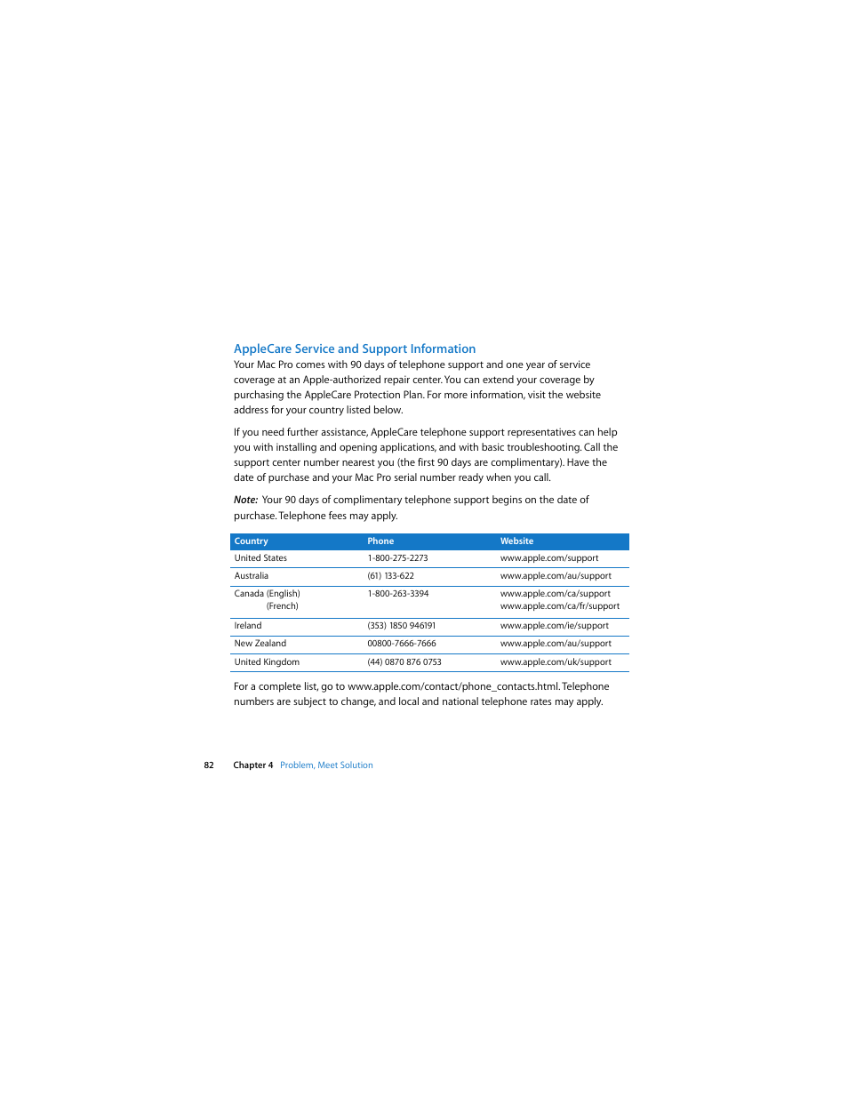 Applecare service and support information | Apple Mac Pro (Early 2008) User Manual | Page 82 / 120