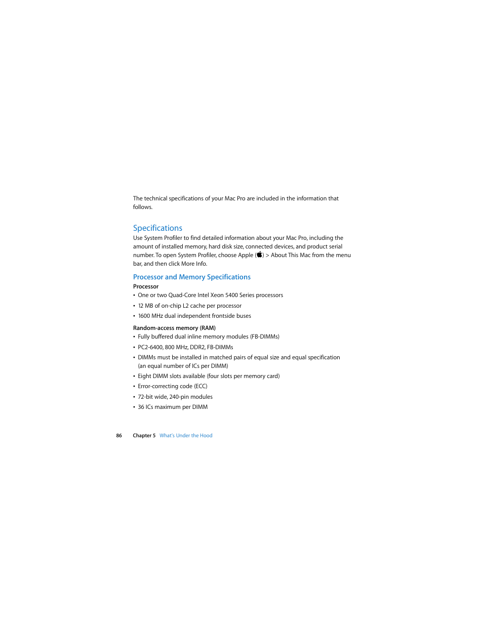 Specifications, Processor and memory specifications | Apple Mac Pro (Early 2008) User Manual | Page 86 / 120